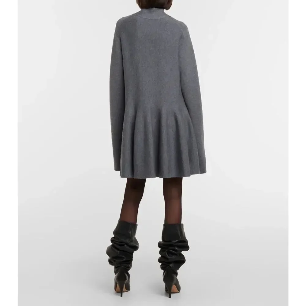 KHAITE Clarice Gray Wool Turtleneck Mini Dress L Fit Flare Luxe